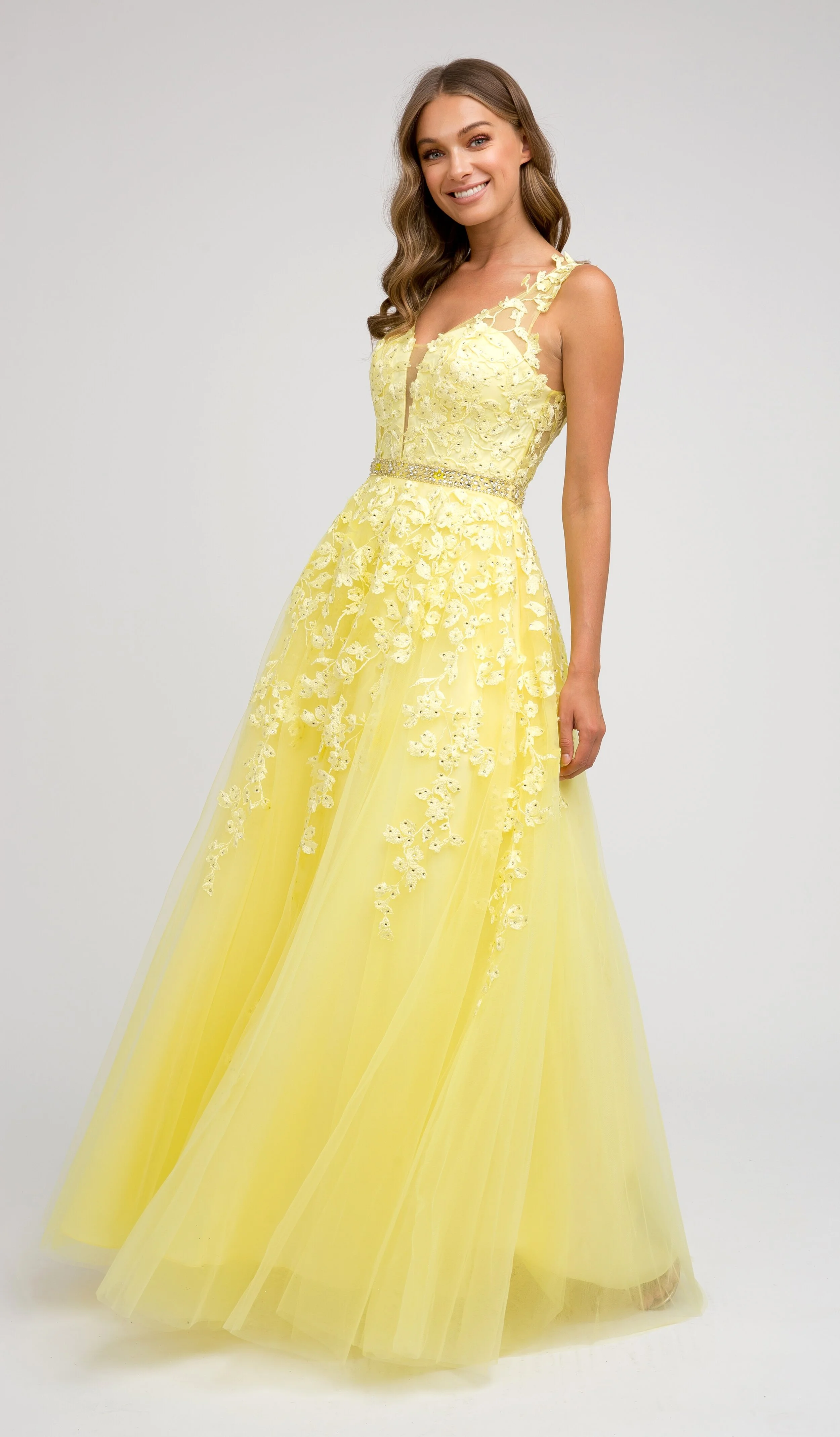 Yellow floral prom best sale dress